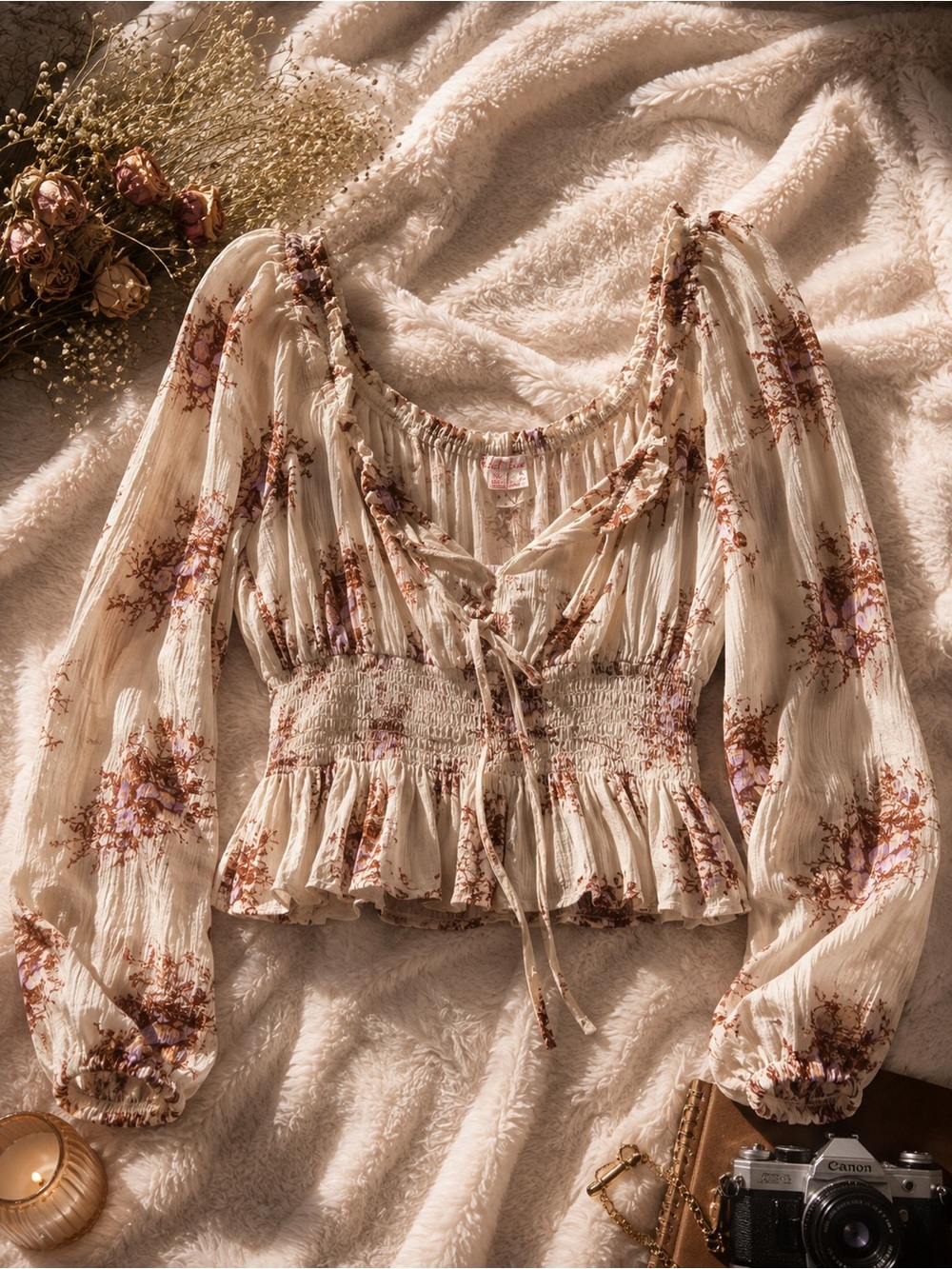 Boho Cream Floral Peasant Top - Unbranded